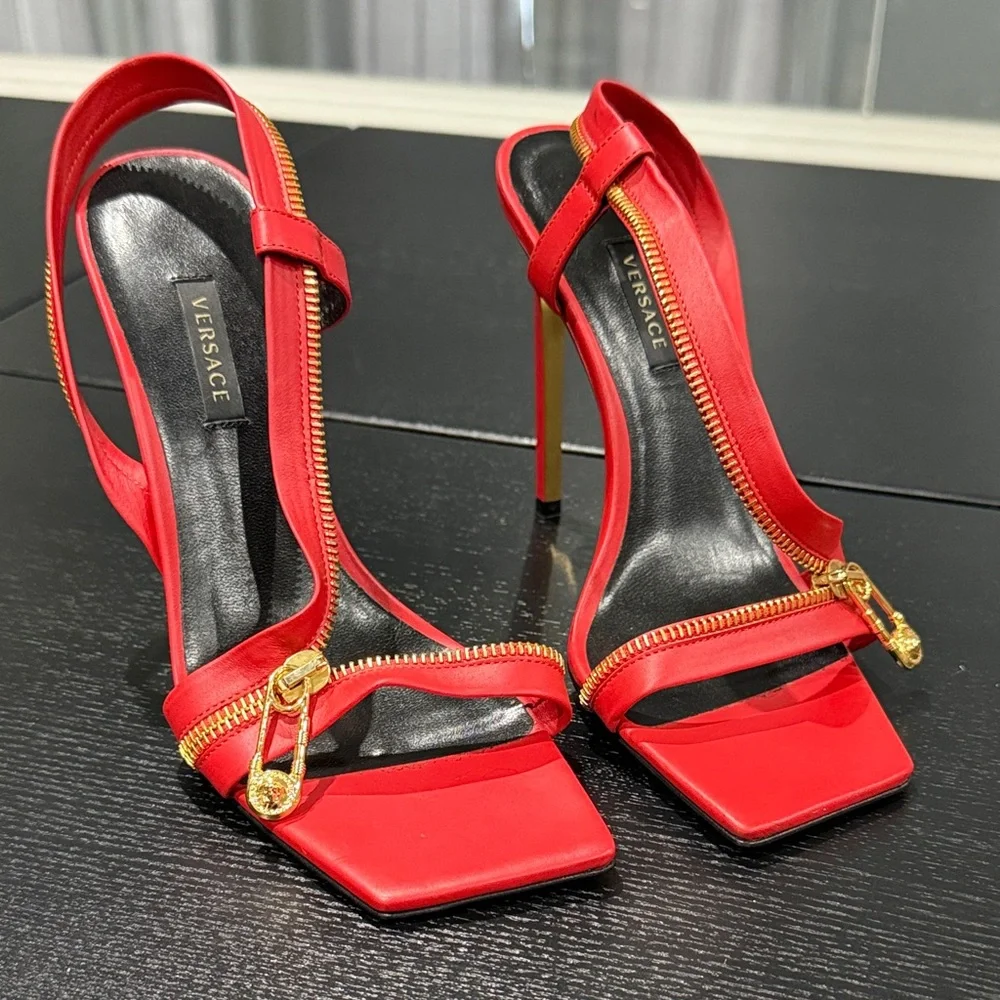 Versace Red Leather Zip Detail Heels | Size 38 | Gold Hardware - Picture 3 of 13